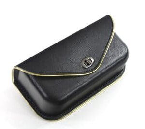 black windshield pouch with gold edge trim