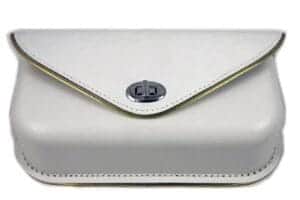 white windshield pouch with gold edge trim