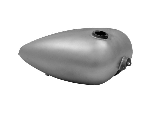 3.4 Gallon Mustang Style Extra-Wide Gas Tank Tank with single gas cap and horseshoe front mount and straight tab rear mount.