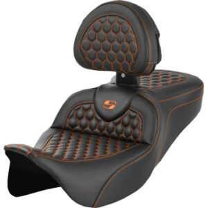 RoadSofa™ Seat - Honeycomb - Orange Stitch - with Backrest - FLH/FLT '08-'23