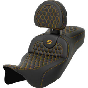 RoadSofa™ Seat - Honeycomb - Gold Stitch - with Backrest - Extended Reach - FLH/FLT '08-'23
