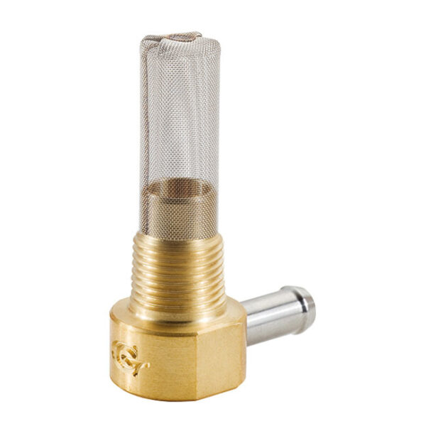 Low profile tank fitting 3/8 npt. Brass fits: > 3/8 npt fitting 5/16 (8mm) fuel hose