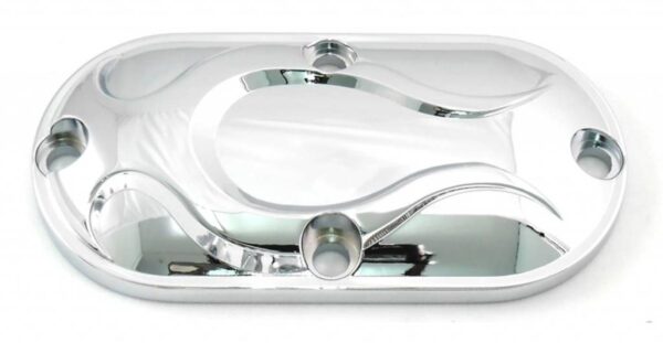 Primary chrome inspection cover with chrome flame  fits: > 99-06 twincam