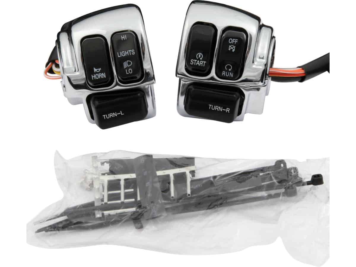 Chrome handlebar switch housing kit with switches with black switches, 06-13 sportster, 06-11 dyna, 06-10 softail, 07-13 flhrc, 07 flhrs, 07 flhrse3, 07-10, 13 flhr, 08 flhrse4, 13 flhrse5, 06 flhrci, 06 flhri, 06 flhrsi 1 Cce
