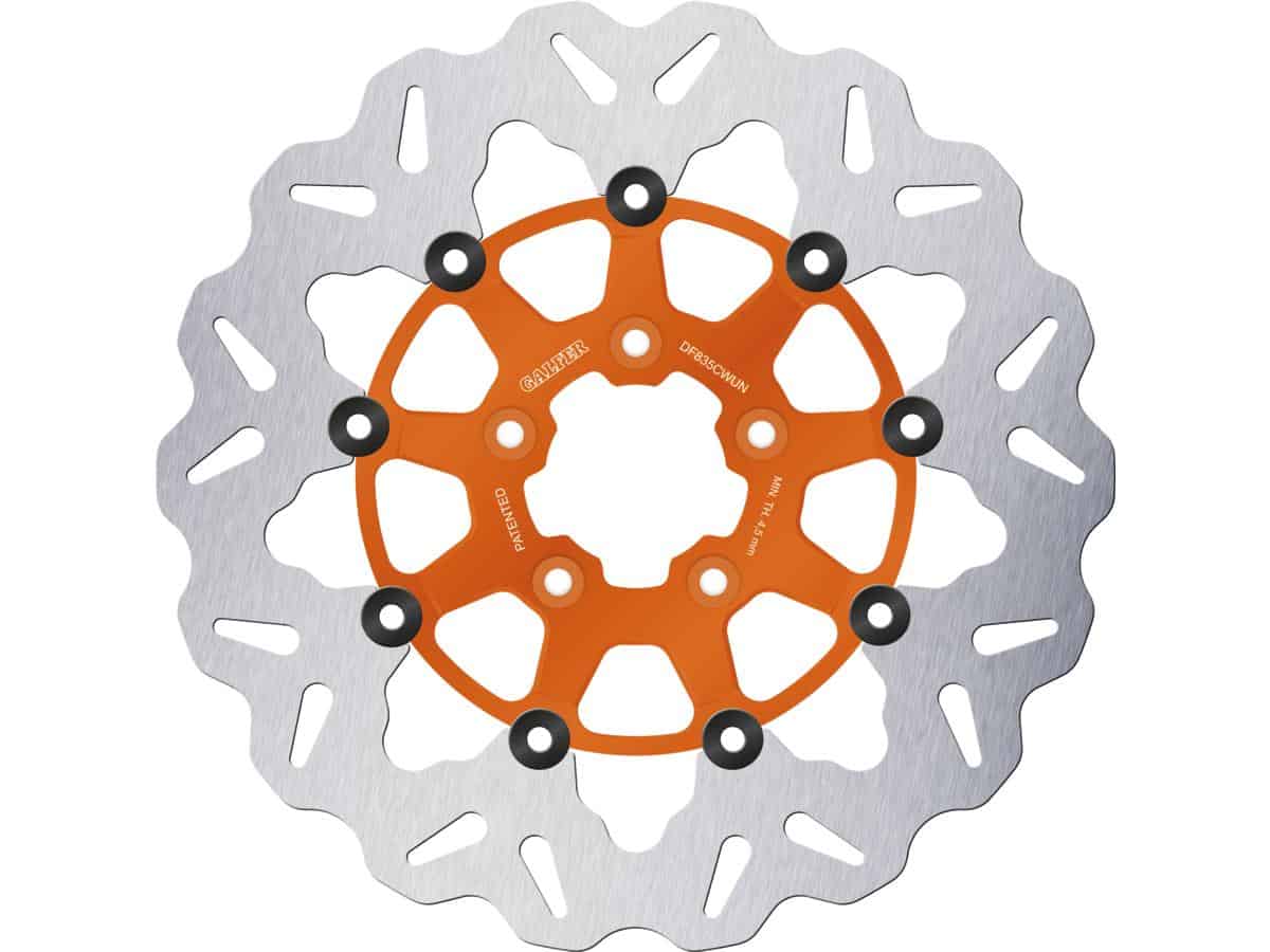 Colored disc wave df flw floating brake disc anodized inner aluminium carrier orange 11,8" front, 14-20 sportster, 06-17 dyna, (except 12, 14-16 fld, 13 fld103), 15-24 softail, 08-24 touring, (except 23-24 flhxse, 23-24 fltrxse, 24 flhx, 24 fltrx, 24 fltrxstse), 16-20 street, (except 18-20 xg750a), 09-24 trike, (except 20 flhtcutgse), 08 vrscaw 1 Galfer