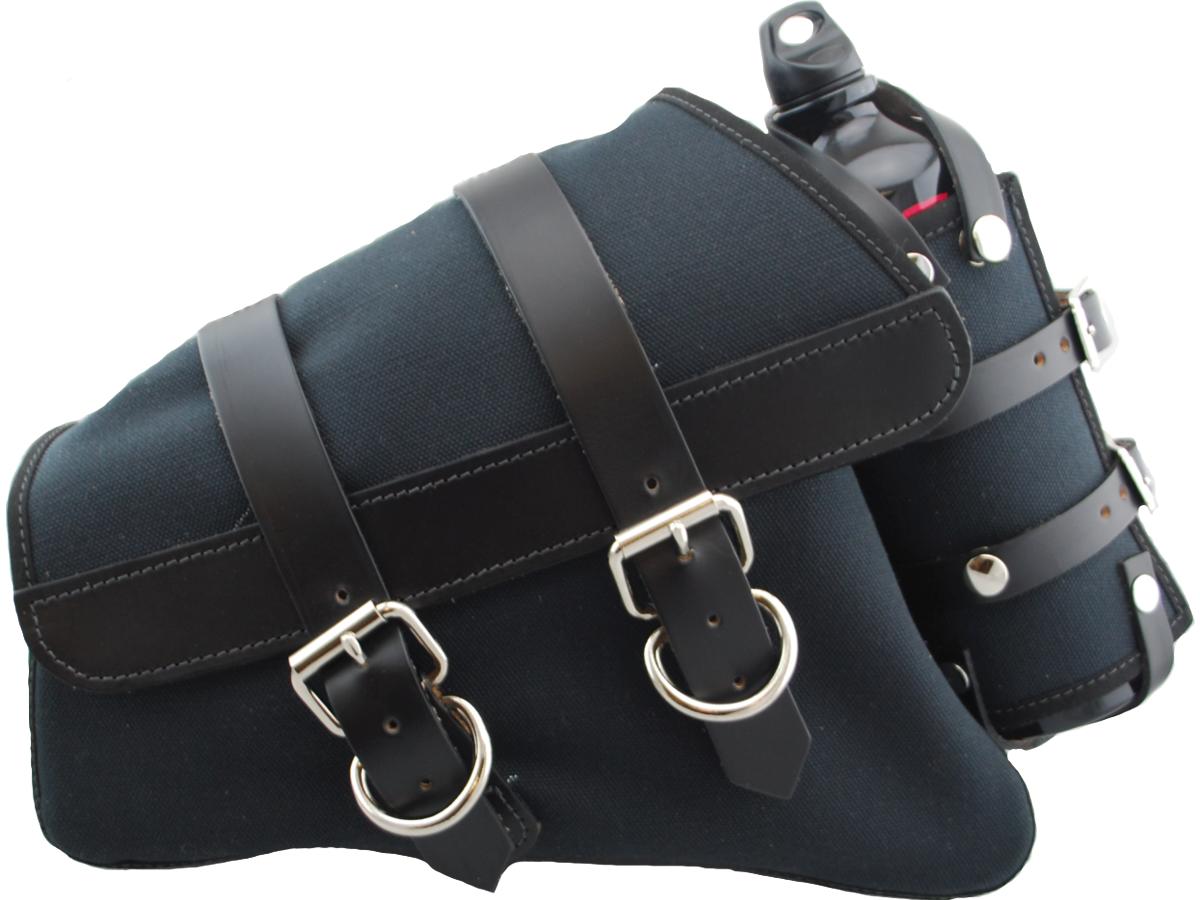 Canvas swing arm saddle bag with bottle with black straps black left, 04-20 sportster, (except 08-10 xr1200, 10-13 xr1200x) 1 La rosa design