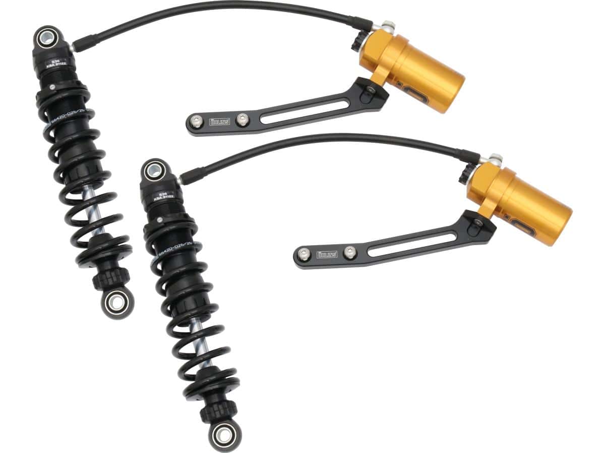 Stx 36 blackline twin shock absorber with golden reservoir length: 310,5 mm, stroke 78,5 mm, mounted spring: 66420-026 (26 n/mm) blackline gold, 14-25 touring 1 Öhlins