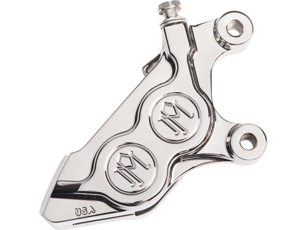 4 piston bolt on brake caliper chrome left, 14-20 sportster, 08-17 dyna, 15-24 softail, 08-24 touring, (except 23-24 flhxse, 23-24 fltrxse, 24 fltrxstse), 09-13, 19-24 trike, 06-17 v-rod 1 Performance machine