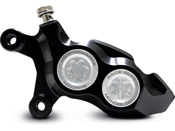 Race Series Monoblock Brake Caliper Clear Anodized Billet Bore Caps Black Anodized Front Left