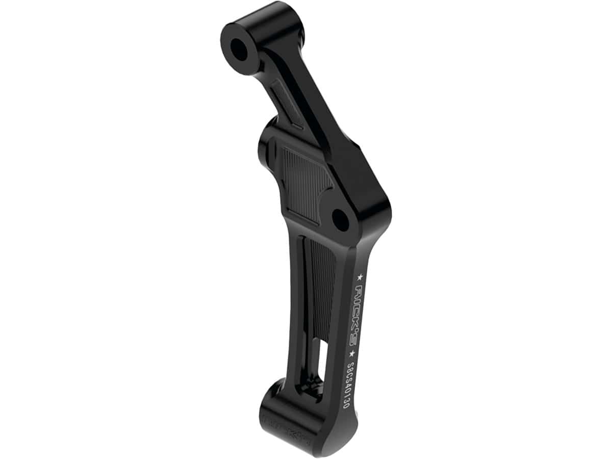 Club style radial brake caliper adapter for 330 mm rotor gloss black anodized single disc front Club style radial brake caliper adapter for 330 mm rotor gloss black anodized single disc front