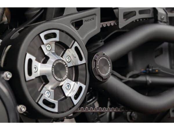 Premium Swing Arm Axle Cover with Ricks Logo Satin Black Powder Coated