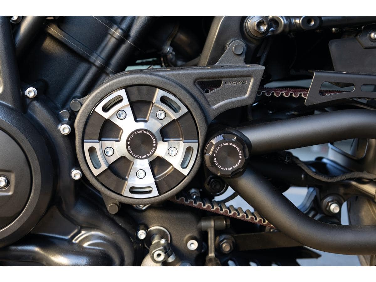 Sprocket and front pulley cover for sportster s and nightster black, 21-24 sportster s rh1250s, 22-24 nightster rh975, 23-24 nightster special rh975s 1 Ricks motorcycles