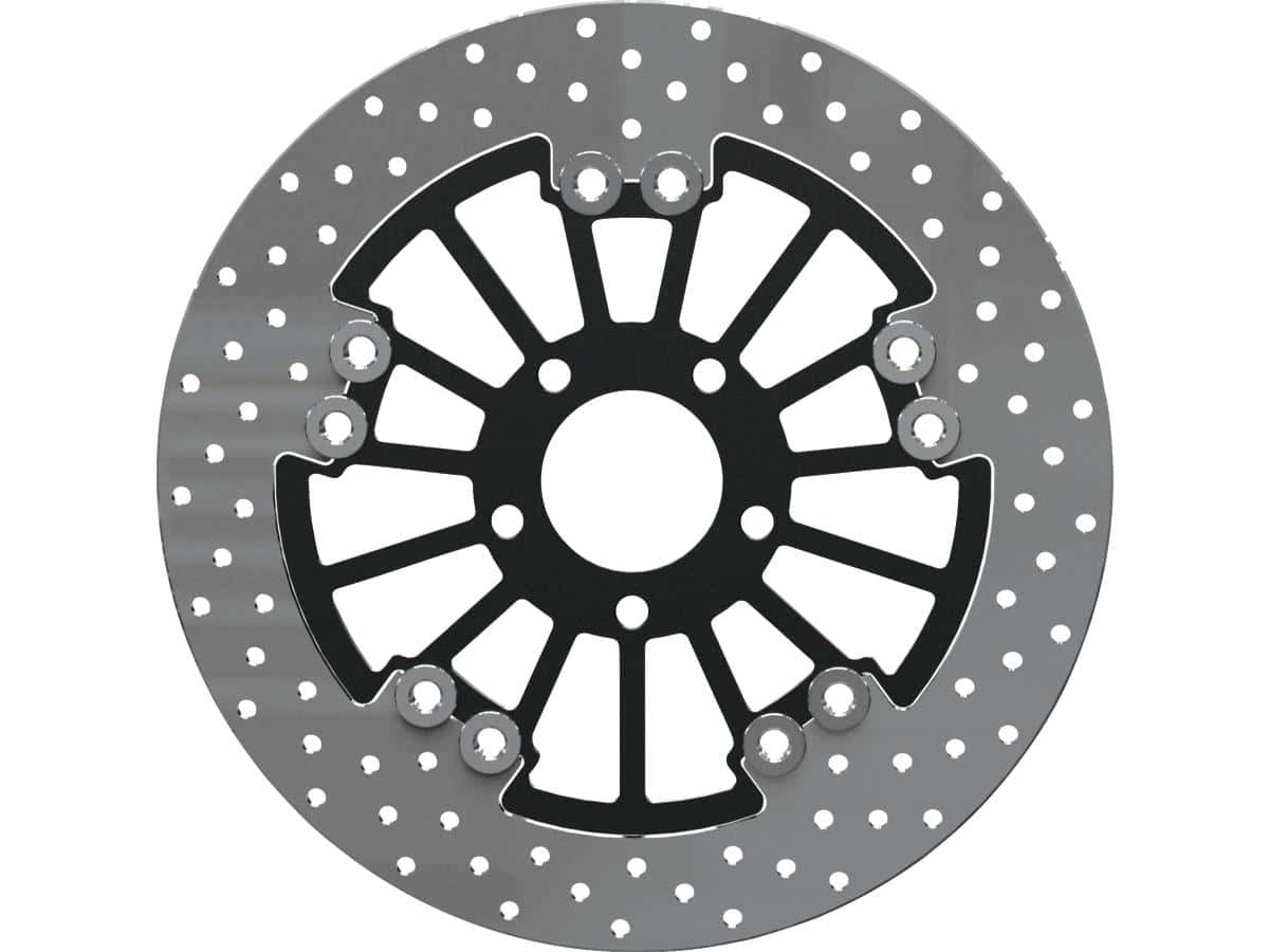 Round 300 mm floated brake disc spoke black satin front rear, 08-24 touring, 08-17 dyna, 15-24 softail, (except 00-03 flsts, 00-03 fxsts, 01-03 flstsi, 01-02, 04-06 fxstsi, 05-06 flstsci, 07 flstsc, 07 fxstsse, 08-11 flstsb, 08 fxstsse2, 09 fxstsse3), 14-20 sportster, 09-24 trike, 16-20 street 1 Thunderbike