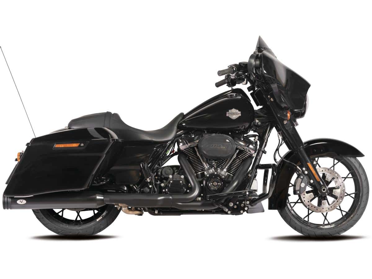 Double slip-on muffler set endcap double ring black ceramic coated, 21-24 touring, (except 23-24 flhxse, 23-24 fltrxse, 24 flhx, 24 fltrx, 24 fltrxstse) 1 V-performance