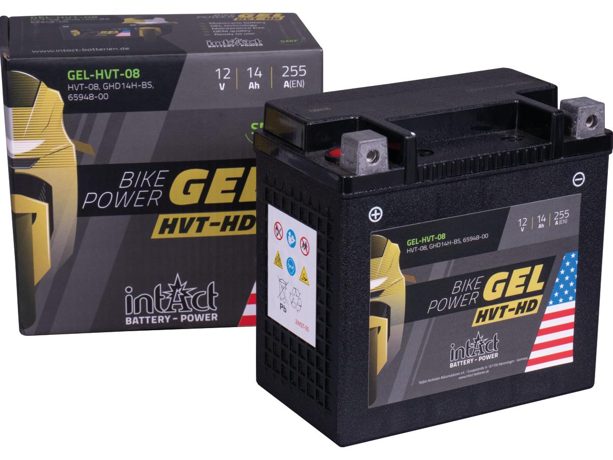 Ghd14h-bs hvt-08 bike-power gel battery, 02-06 v-rod, 07 vrscr, 03-10 xb, 19-24 indian ftr 1 Intact
