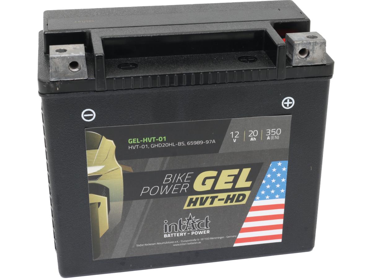 Ghd20hl-bs hvt-01 bike-power gel battery, 97-03 sportster, 07-17 v-rod, (except 07 vrscr), 97-25 softail, 97-17 dyna, 97-02 m2, 97-99 s3, 99-02 x1, 14-25 indian cruiser, 15-25 indian touring, 15-25 indian bagger, 24-25 pan america, 25 indian scout 1 Intact